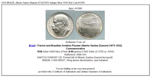 1936 BR 1936 Brazil Alberto Santos Dumont Aviation Antik 5000 Reis Good neverrtificirano