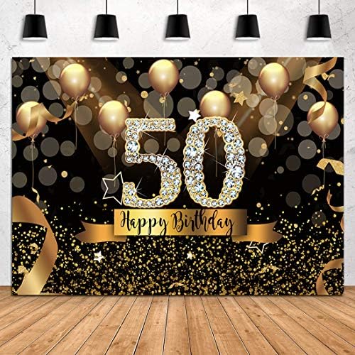Sensfun 10x8ft Happy 50th Birthday Party Photography Backdrop Glitter crno-zlatni baloni pozadina za ženu Fabulous 50 bday party dekoracije Shining Diamond pedeset godina star Foto Baner