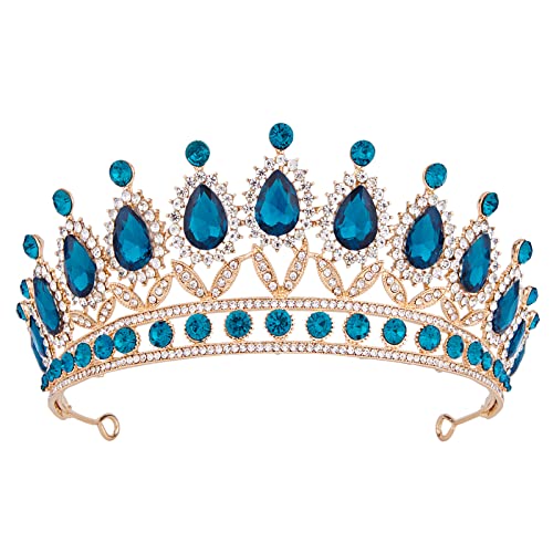 Vofler tijara za žene, Zlatna kruna sa plavim kristalom - royal Queen Rhinestone Headpiece traka za glavu