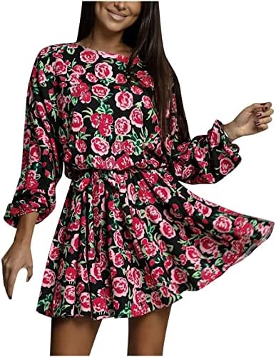 Žene 2023 Jesen Ljetna haljina modni cvjetni print Okrugli izrez Ruffle dugih rukava Cvjetni pojas za struk