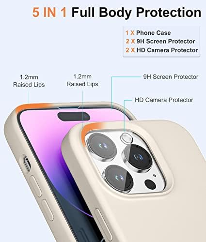 Cosluper [5 u 1 Kompatibilno sa iPhone 14 Pro Max Case, sa 2 paketom zaštitnika zaslona + 2 pakovanja zaštitnika objektiva za fotoaparat, silikonski šok-otporan na telefon [protiv ogrebotine], bijeli kamen