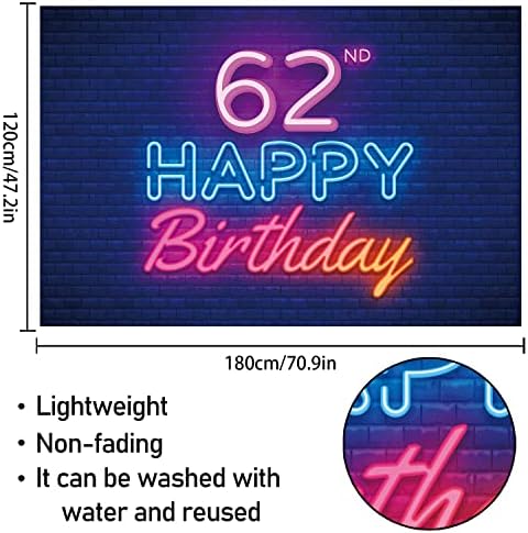 Glow Neon Happy 62nd Birthday Backdrop Banner Decor Black-Colorful Glowing 62 Years Birthday Party theme Decorations for Men Women Supplies