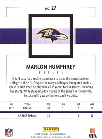 2018 Panini NFL Football 27 Marlon Humphrey Baltimore Ravens Službena trgovačka kartica