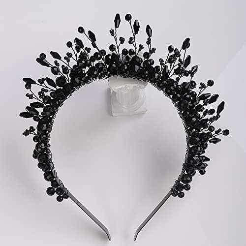 Teyglen Vintage crne perle traka za glavu Tiara kruna za kosu ručno rađeni kristalni komadi za kosu mladenke za mladenke Dodaci za kosu za Halloween Prom Birthday Party