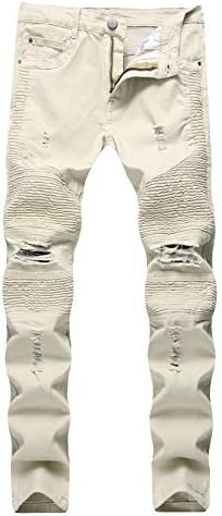 Andongnywell muški plisirani bajker srednjeg struka mršave rastezljive uznemirene farmerke tanke teksas pantalone sa džepom sa patentnim zatvaračem Deco
