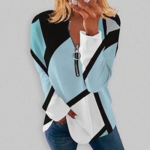 Ženska dukserica s V-izrezom s pola Patentnog zatvarača nepravilna geometrija kontrastne boje dugi rukav pulover proljeće modni Casual Tunic Top