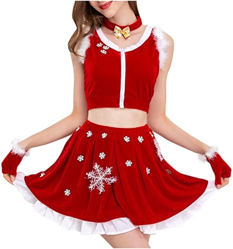 Ženska seksi plišana cijev Tops Mini suknje 2kom Set Božić Crvena pahuljica kratka haljina Crop prsluk odijelo