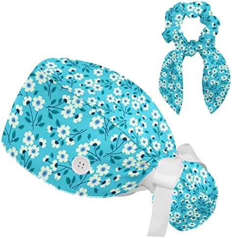 Plava mini cvjetna bouffana kapa sa gumbom Ponytail torbica, pamučni radni šešir Duks, podesivi hirurški