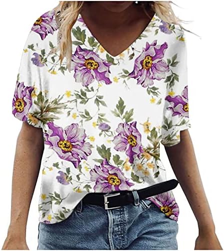 Teen Girls Deep V vrat Pamuk cvjetni grafički labavi fit prevelizirani opuštena ležerna košulja za žene