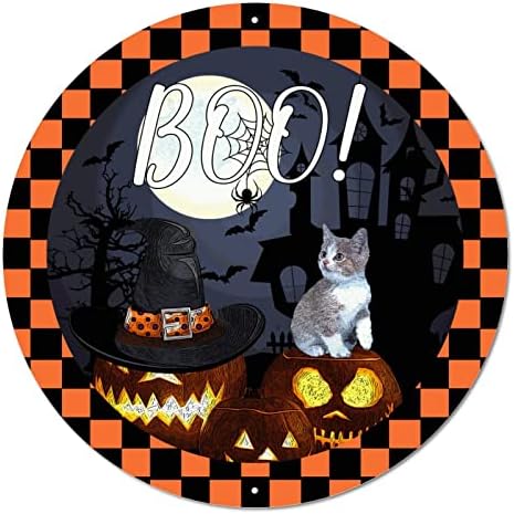 Okrugli metalni limenki znak Halloween Boo Pumpkins and Mačke Halloween vijenac Potpisuje metalnu umjetnost