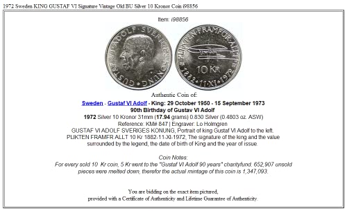 1972 SE 1972 Švedska kralj Gustaf VI potpis Vintage Stari 10 Kronor Dobro nevertificirano